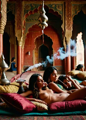 Un groupe de filles indiennes profitent d'une scène remplie d'oreillers dans un palais orné, avec une fille sucant sur la photo d'une princesse indienne avec un sourire sur son visage tandis qu'une autre fille est allongée à côté d'eux, appréciant la scène et prenant des photos