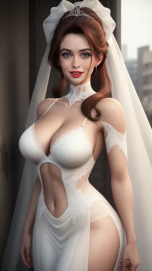 A young woman in a veil and veiled dress with ponytails, wearing a tiara on her head and a veil on her head, is shown in an image generated by an AI. The background walls are dirty homeless brown color with red text visible