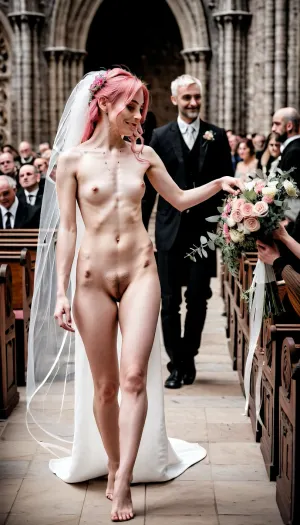 La novia caminó por el pasillo, su cuerpo desnudo brillando con sudor, mientras caminaba hacia su novio-a-ser en el altar. Su iluminación cinematográfica la hizo parecer etérea y de otro mundo, como un ángel llega a
