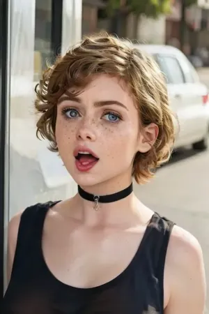 The girl in the picture had a mole on her breast, and she was wearing a choker with blue eyes. She had curly hair that fell down to her shoulders, and she was looking at the viewer with a small tongue out. Her fre