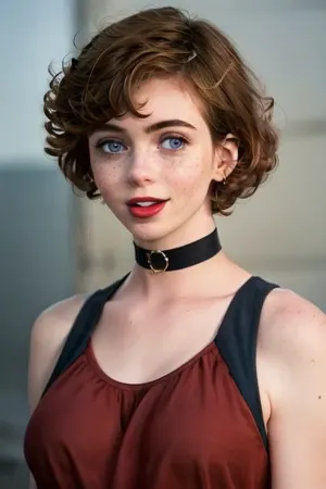 The girl with the black choker and blue eyes was a stunning sight, with her bare shoulders, curly hair, freckles, and mole under her eye. She had a mole under her red lips and a small tongue out. Her ni