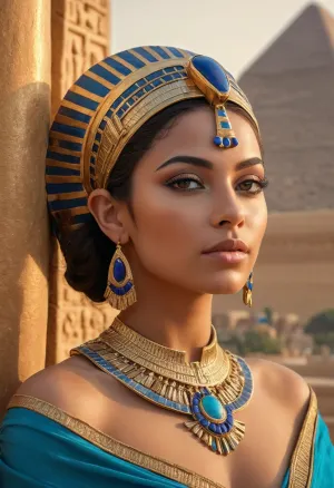 The ornate golden headdress adorned with turquoise and lapis lazuli stood on a grand palace balcony overlooking the Nile River, as the flowing royal robes with intricate patterns shimmered in the sunlight. The photorealistic AI
