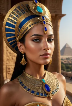 The ornate golden headdress adorned with turquoise and lapis lazuli stood on a grand palace balcony overlooking the Nile River, its intricate textures and shimmering silk fabric perfectly detailed. The photorealistic AI generated the image