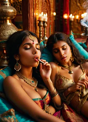 Les petits seins de la fille indienne dans le palais orné étaient envoûtants alors qu'elle était allongée sur ses oreillers, fumant une hookah avec un groupe de filles. La fumée qui sortait de sa bouche a formé des scènes au-dessus de sa tête, ajoutant à