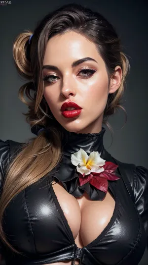 KortneyKaneQuiron, una pornostar con un fisico ultra-detailed e labbra piene, posa davanti a un gigantesco vestito studentessa con seni enormi e ultra-abs. Il suo trucco è impeccabile, evidenziando i suoi occhi luminosi e