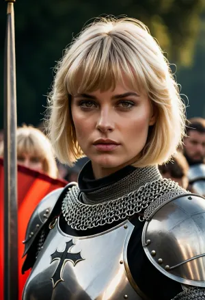sexy female knight in armour with short blonde hair with bangs, period accurate crusader armour, chainmail, white armour with a black cross, carrying flag, stoic, brave, cinematic