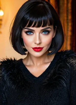AIモデルは、ヘビーアイライナーと黒のアイシャドウ、パブなしの髪、完璧な目、羽毛アイライナーと黒の眉毛で低カットのファジーブラックセーターを生成しました