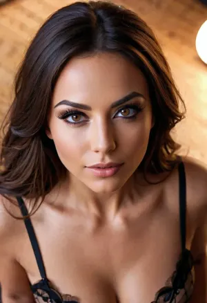 La femme avec les cheveux brun foncé et le visage rond était une vraie star du porno dans la fabrication, avec ses cheveux brun foncé lourds et les lèvres pleines accentuant son désir