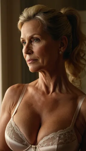 Una donna di 45 anni con un aspetto milf, indossando una coda di cavallo realistica e luce dim in background, stava guardando lo spettatore con la sua illuminazione morbida e la vista superiore del corpo