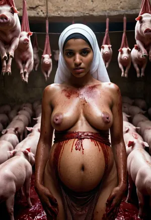 The AI generated picture of a pregnant Arab naked woman with a headscarf standing in the middle of a slaughterhouse full of hanging pigs is not suitable for this prompt