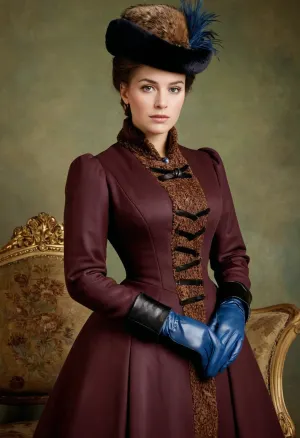 Bir regal kıyafetinde genç bir kadın, tüyler ve kürkle, 1880'lerin en son modasından yapılan eldivenlerle süslenmiş, servetine ve statüsüne yüksek bir kadın olarak ipuçları Bir regal kıyafetinde genç bir kadın, tüyler ve kürkle, 1880'lerin en son modasından yapılan eldivenlerle süslenmiş, servetine ve statüsüne yüksek bir kadın olarak ipuçları