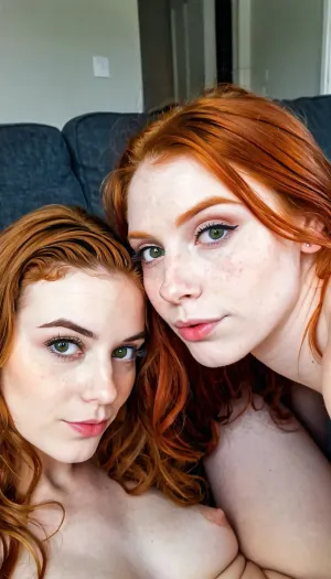 The ginger girl is eating the pale girl's pussy, and she looks so cute while doing it. The camera is focused on their faces, and you can see the pleasure on both of their faces
