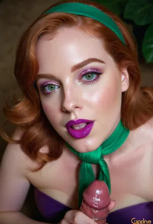 The girl in the picture is wearing a highly detailed purple dress and green scarf, with her glossy lips and wet pink cheeks giving her a seductive look. She holds a highly detailed six-inch penis in her hands, which she is