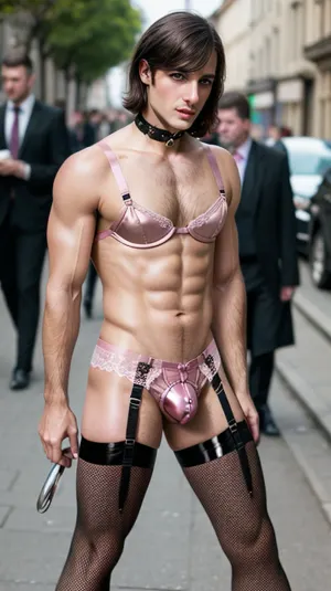O homem na jaula de alta cor-de-rosa e castidade de metal era uma visão para contemplar, mas ele não podia deixar de se sentir excitado pela atenção que estava recebendo da multidão. A gaiola de castidade de metal fez-lhe sentir como um real