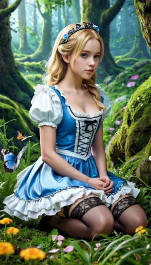 The best quality AI-generated picture with maximum 5k resolution is a detailed and expressive illustration of a cute little girl in a beautiful blue and white dress with ruffles and black lace. She has long blonde hair that flows down her back, enchant