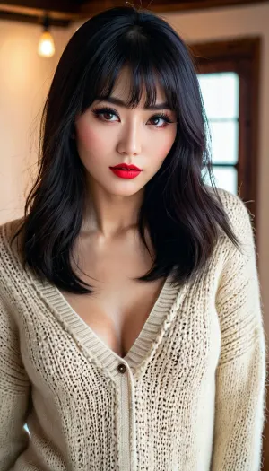 La donna giapponese indossava un maglione di lana denso che mostrava scissione, e i suoi lunghi capelli neri sono stati modellati con eyeliner pesante e ombretto nero. Non aveva capelli pubici, e i suoi occhi perfetti stavano fissando allo spettatore con un seduttore