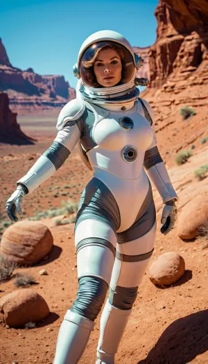 In a distant future world, an AI-powered space suit clad woman and a powerful ray gun-wielding scifi girl worked together to explore a mysterious planet. They encountered potential threats and neutralized them with their power suits. Together, they
