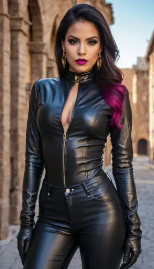 A dominatrix era uma visão de beleza e perfeição, com seu corpo perfeito coberto de uma camisa jeans de couro preto apertado acentuado pela aperto da camisa. Sua maquiagem era impecável, com lábios escuros de fúcsia e delineador perfeito