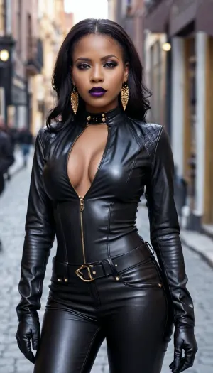 A menina ébana com peitos perfeitos, rabo perfeito, e corpo perfeito andou pela rua com sua blusa de couro preto apertado e calças de couro marrom escuro apertado. Ela tinha maquiagem bonita em seu rosto e usava um brinco de ouro em um ouvido