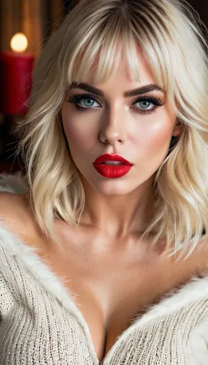 Hiçbir pubic saçı olmayan İngiliz kadını seksi bir siyah terer giyiyordu ve izleyiciye bakıyordu. Patlamalarla uzun platin sarışın saçları vardı, sultry ifadesi, moda makyajı, kırmızı ruj, mükemmel göz gölgesi, tam eğriler, güzel kıvrımlar