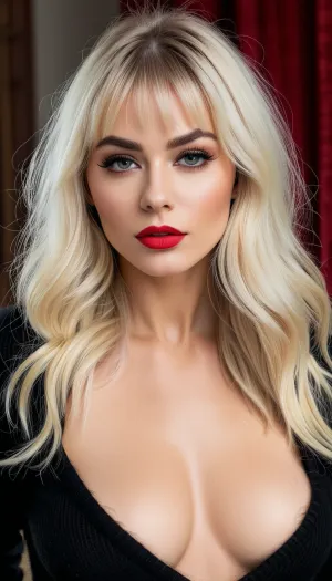 カメラの前面にパジックな髪と羽毛のないフランスの女性は、セクシーな赤い口紅を着ています。 ヘビーアイライナーと黒のアイシャドウでsultry式とファッションメイクを持っていました。 彼女の長い偽のアイル