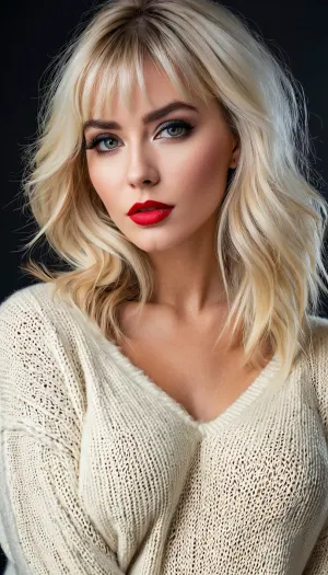 フランスの女性は、パビックヘアは、セクシーな赤いセーターと黒のアイシャドウを着ていました。彼女の長い偽のまつげを手に持ちます。 彼女は頑丈なアイライナーと黒のバンズスタイルで髪の髪の毛とsultry式を持っていた