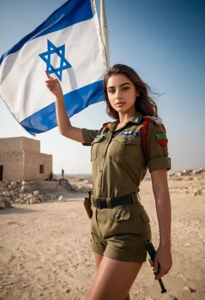 A foto da bela menina uniforme do exército israelense vestindo um uniforme do exército israelense, orgulhosamente acenando uma bandeira israelense gigante, fotografia super realista, iluminação natural, melhor sombra e 8K UHD grande angular foto de uma menina sexy bonita em Gaza