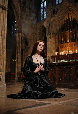 Una joven hippie cristiana, vestida con una bata blanca que fluye, arrodillada en el altar de la catedral gótica. Ella tenía una mirada soñada en sus ojos mientras miraba la gran foto de Jesucristo que colgaba arriba
