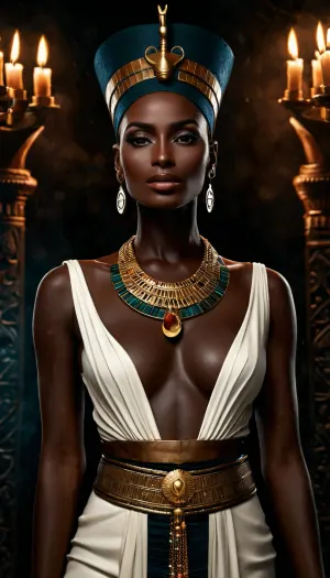 AI产生了一个高清的摄影现实主义形象,一个埃及女王的Nefertiti风格,具有完整的前视,快乐的黑色埃及女王的nefertiti风格,无顶,半可见的乳房和白色的希腊平面巴士皮