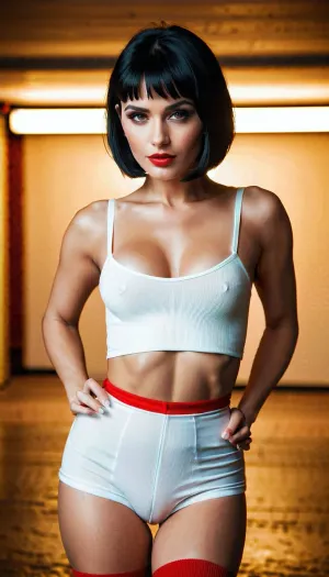 細部と現実的な特徴の美しい少女は、フルレンダーミラーの前で立っていた、彼女の黒い髪とボブのヘアカットを賞賛します。 その後、ひざの靴下のペアにスライラとテクスチャリングを入れ、彼女も見える