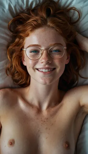 A stunning AI-generated photorealistic picture of a beautiful 18-year-old girl with ginger hair, freckles, and ice blue eyes was generated. She had full body view and was lying in bed with her hands on her head