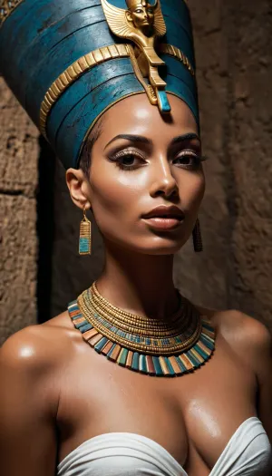 The queen of Egypt, Nefertiti, sat in her bathtub with her servants washing her. She was deep dark black nubian african egyptian queen nefertiti style is washed by her servants, bathing