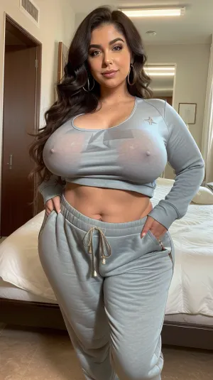 A stunning curvy woman with a beautiful face and curvy body poses for a photorealistic picture, showcasing her amazing figure and stunning face. The lighting in the room is soft and warm, creating an intimate atmosphere. The photo is high-