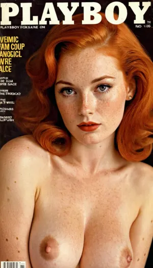 Ein Playboy Cover-Modell mit hochwertiger Haut und rotem Haar, ein Vintage-Stil der 60er Jahre, und verführerische Blick auf ihr Gesicht