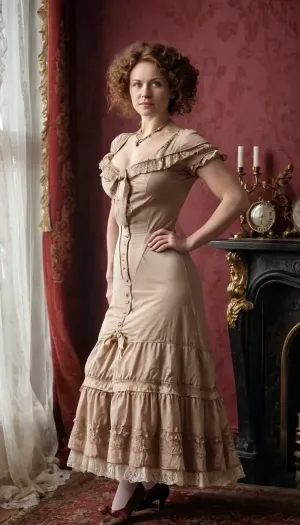 portrait, (((BODY FACING FRONT, LOOKING FRONT))), russian woman, (40 years old:1.3), (body:.5), (long dress), (beige stockings:1.1), (curly, luxuriant, reddish, hair:1.2), TanRealStockings, gray background, floofy, bob, big, hair, bow, frilled, (victorian dress:1.3), victorianstyle, <lora:victoriansxl_v1:.5>