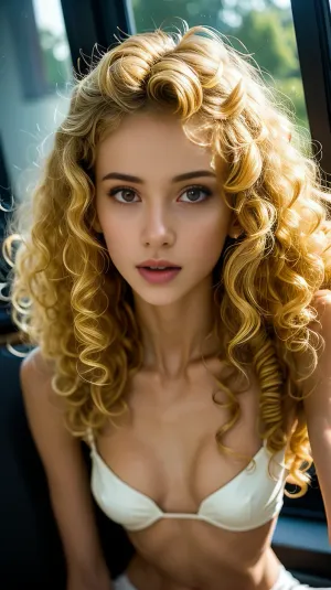 Une jeune femme est assise sur le lit, ses jambes douces croisent, et sa peau lisse est parfaite. Ses seins parfaits sont exposés, et ses cheveux droits tombent parfaitement sur ses épaules. Le tableau est clair avec des détails de haute qualité et réaliste