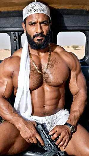 40岁的穆斯林黑帮,长胡子和肌肉,坐在一个鸣笛手内,手持M16步枪枪. 他穿着正式的商务裤和棉网状的衬衫,在肌肉周围伸展. 他的面部表情