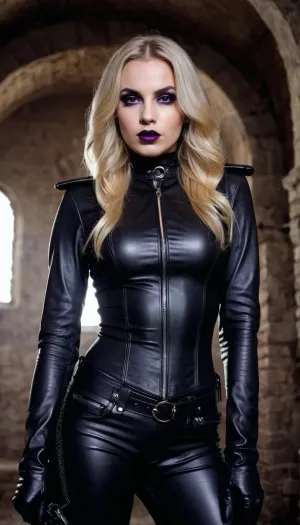 Uma garota loira sexy e dominatrix entra na sala de masmorras com suas longas luvas de couro preto, calças de couro preto skinny, botas de combate laced de couro preto e uma atitude dominatrix