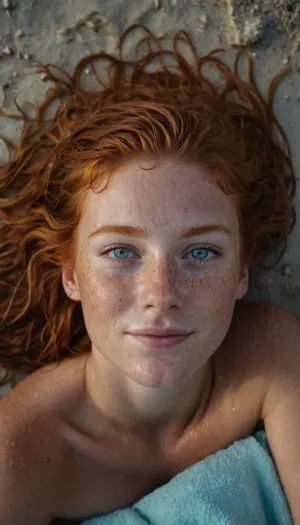 A 18-year-old girl with ginger freckles and messy hair lay on her towel, topless, with a photorealistic AI image of herself in bikini. She was wearing greek beach shorts and had a shy smile on her face