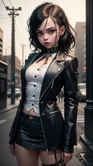 The young girl stood in front of the mirror admiring her new outfit, which was a classic suit with modern grunge elements. She had chosen a hyper detailed hyper realistic stunningly beautiful very small petite midget young girl dressed in modern grung