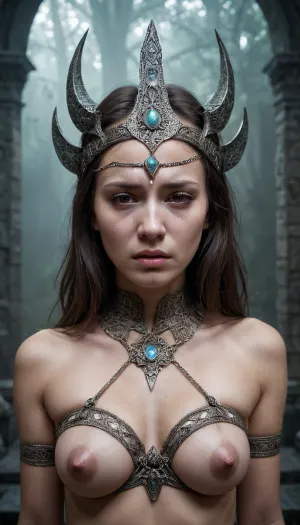 여성의 얼굴이 AI 기술로 렌더링 된 여성과 현실적인 묘사, 복잡한 fractal 디자인에 둘러싸인 skull과 닮은 가면을 가진 enigmatic 여성을 특색짓습니다. 그녀의 눈은 닫히고, 그녀의 입은 약간 열려, 계시