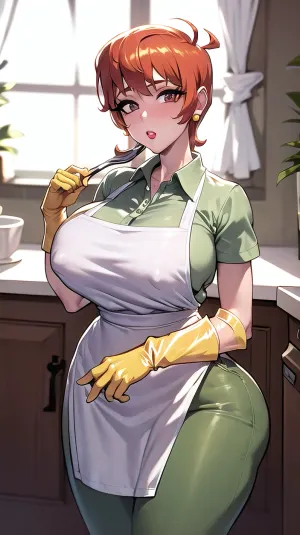 The large breasts of the girl in the picture were a sight to behold. She was wearing an apron and gloves, and her makeup was flawless. Her eyeshadow matched her outfit perfectly, and she had a confident smile on her face