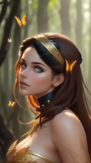8k的美丽机器人肖像 带有金蝴蝶纤维 森林背景 和破碎的玻璃 是由人工智能技术 利用Artgerm 和 Ruan jia的巨型数码摄影制作的