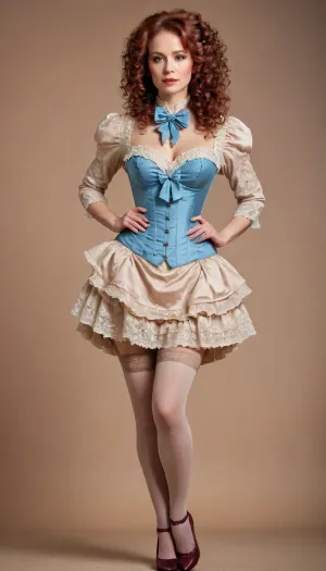 큰 몸과 floofy 머리를 가진 러시아 여성은 회색 배경의 앞에 posing입니다. 그녀는 탄 피부와 큰 몸 특징을 가지고, 텍스트 BODY FACING FRONT는 전체보기에서 그녀의 몸을 보여줍니다