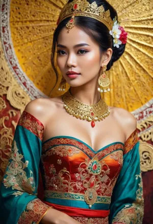 A young girl in a national costume, with her flat female chest exposed, is seductively posing for the camera. She is wearing a decollete lace filigree of bright, rich color and has generated text that says "Thai beauty