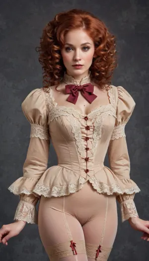 TanRealStockings, a Russian woman with a floofy bob haircut, is posing in front of a full body view portrait with a frilled gray background and big bow on her head