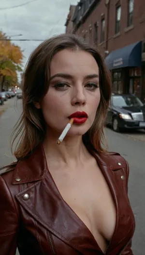La donna nella foto è una donna fiduciosa e sorprendente che trasuda fiducia e sex appeal. Indossa un vestito di pelle stretto che accentua le sue curve, e ha un passo sicuro mentre cammina lungo la strada. I suoi lunghi capelli scuri