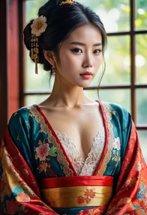 The young girl with a flat female chest in the Japanese beauty skin tone was wearing an extremely flat female chest and was wearing an incredibly thin lace dress that showed off her beautiful curves. The picture was highly detailed and showcased the artist's skill in using