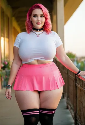 The young, overweighted beautiful girl was sitting on the couch in her pink hair and makeup. She had a wide smile on her face as she took a picture with her smartphone. Her waist was narrow and her hips were wide, showing off her curv