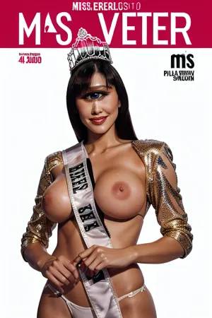 The Miss Universe beauty pageant's stunning photorealistic nude woman with perfect body, large fake breasts, one very large eye, visible pores, hot pink lips and 32k resolution is highlighted by the 32k resolution of the photo